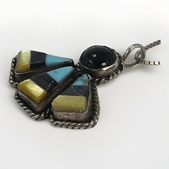 Vintage Navajo Sterling Silver Turquoise Onyx & Coral Pendant Necklace - 19” - Picture 7 of 16